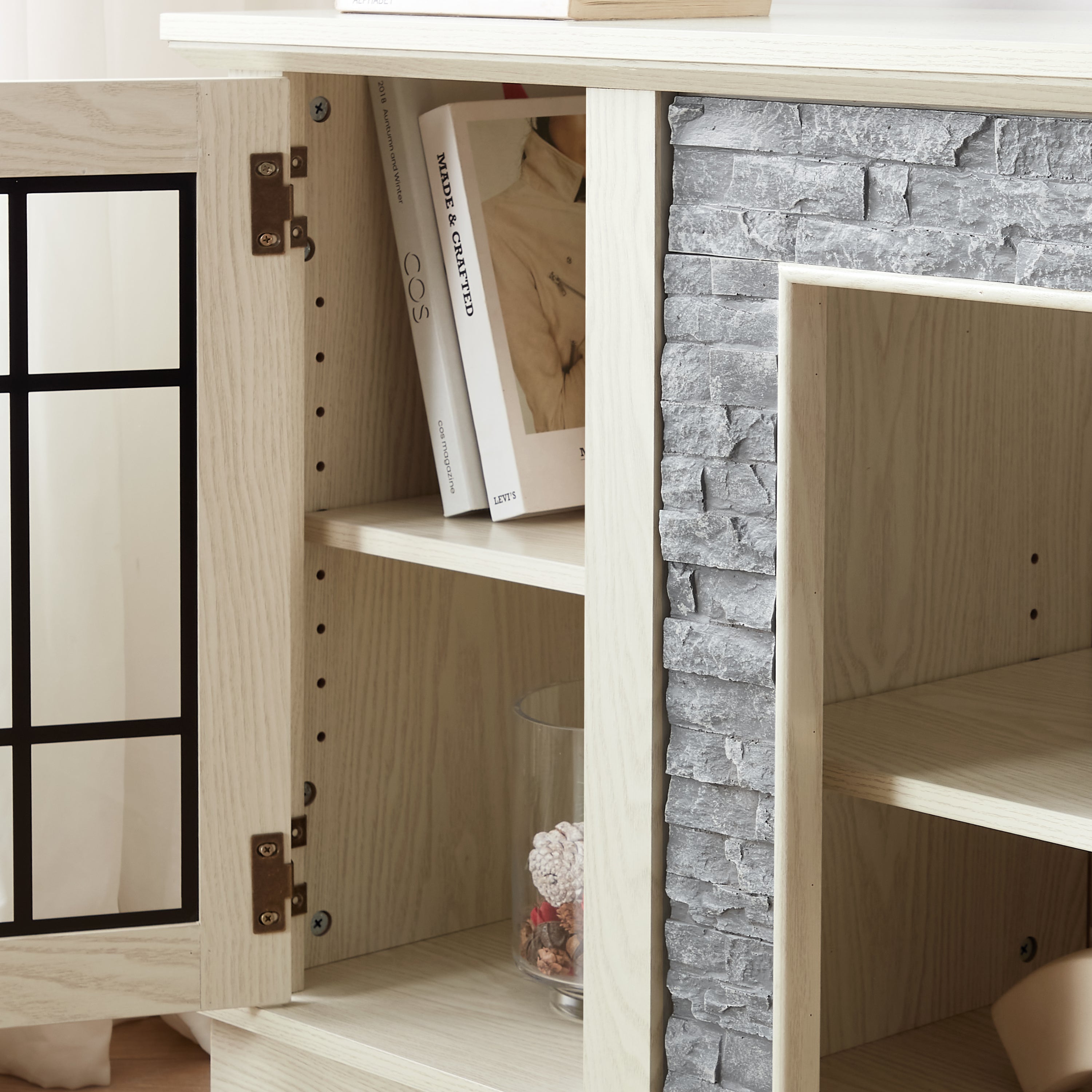 White 58-inch modern TV stand with faux stone accents, 2-door storage, and large media console for living room entertainment.