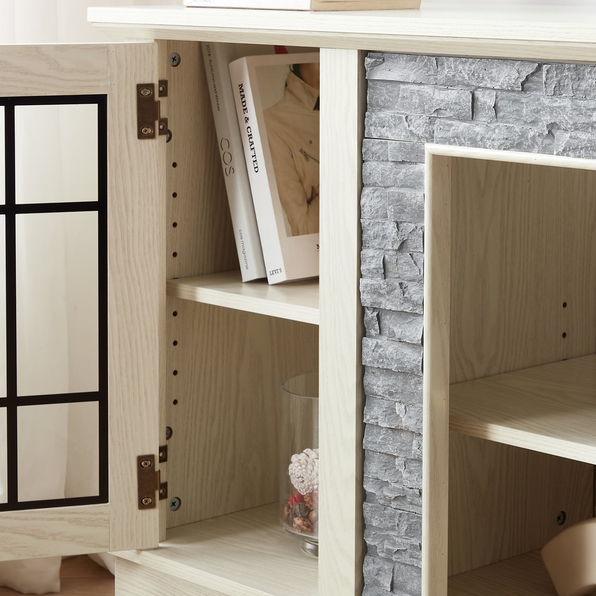White 58-inch stone-textured TV stand with two doors from Anthony & Home's Atelier collection, modern and stylish for living rooms.