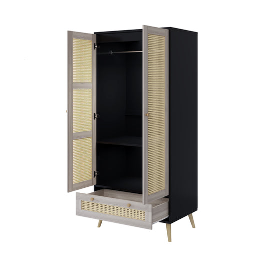 Boho Armoire Wardrobe With Rattan Doors In Natural Black For Elegant Living Limited Edition