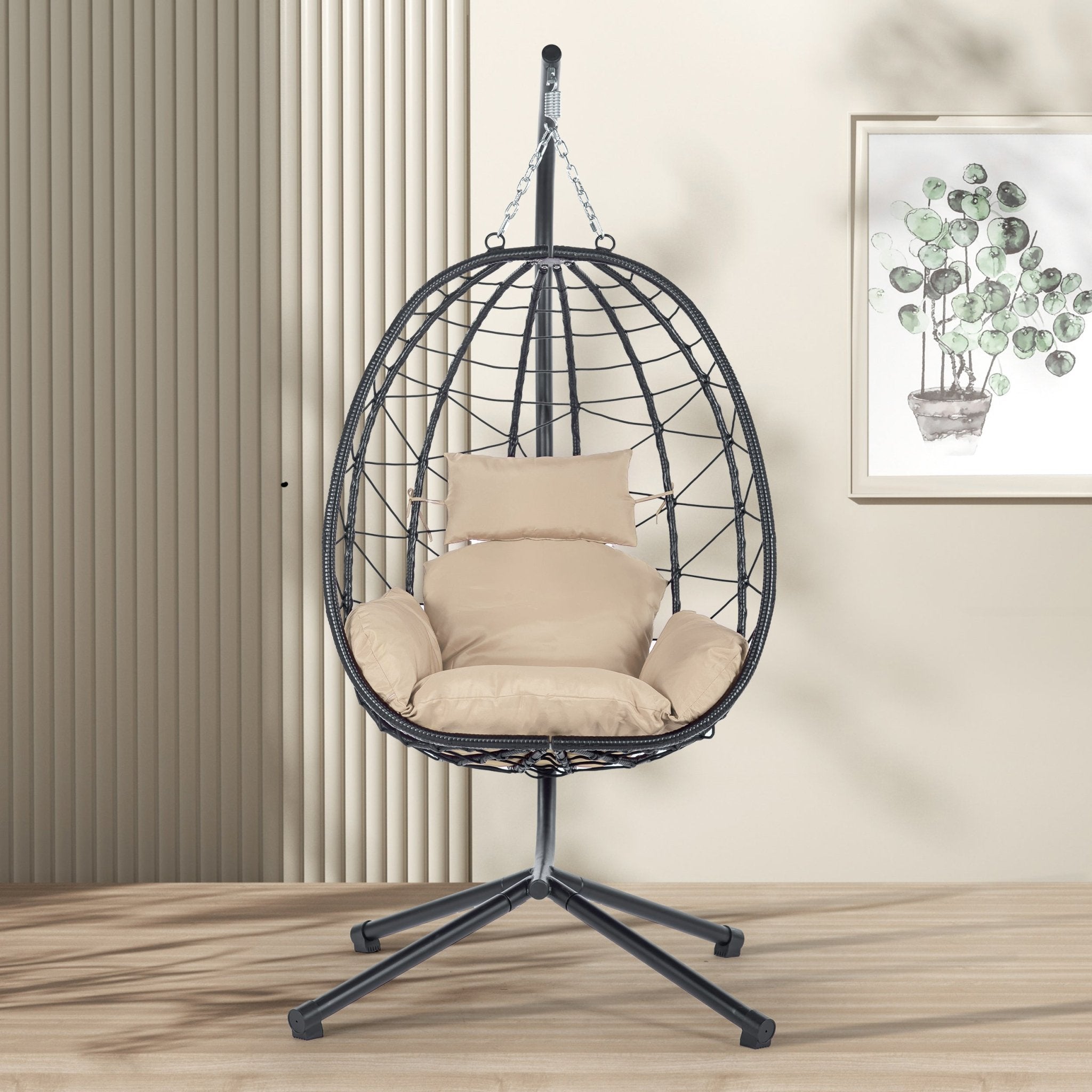 Anthony & Home Signature HDPE wicker egg chair with stand, showcasing a stylish outdoor lounge chair with a rounded wicker design.