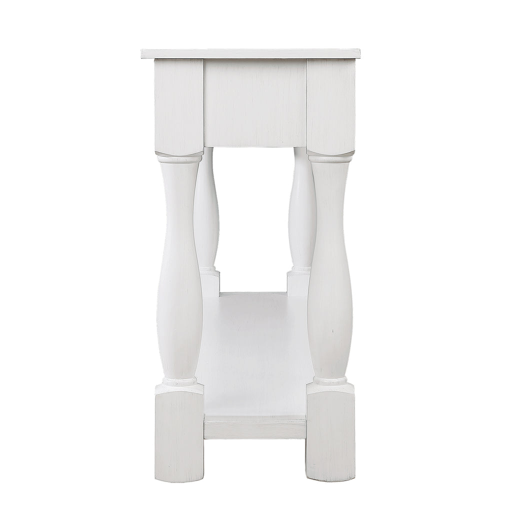 Antique white wood console table by Anthony & Home with 63-inch length, three drawers, bottom shelf, and easy assembly.