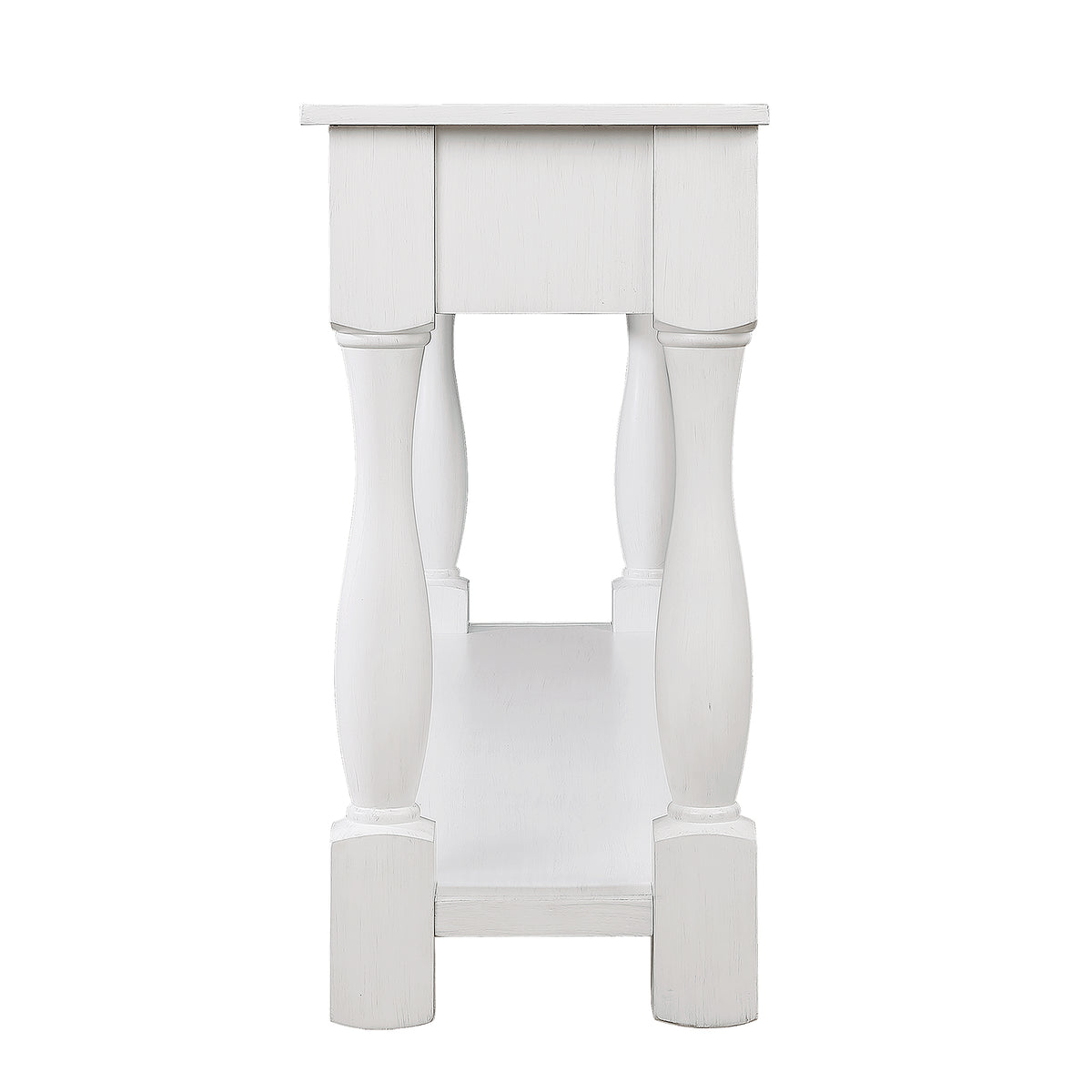 Antique white wood console table by Anthony & Home with 63-inch length, three drawers, bottom shelf, and easy assembly.