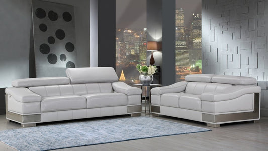 Two Piece Indoor Light Gray Italian Leather Five Person Set