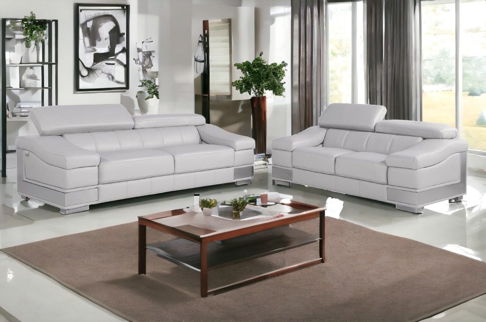 Two Piece Indoor Light Gray Italian Leather Five Person Set