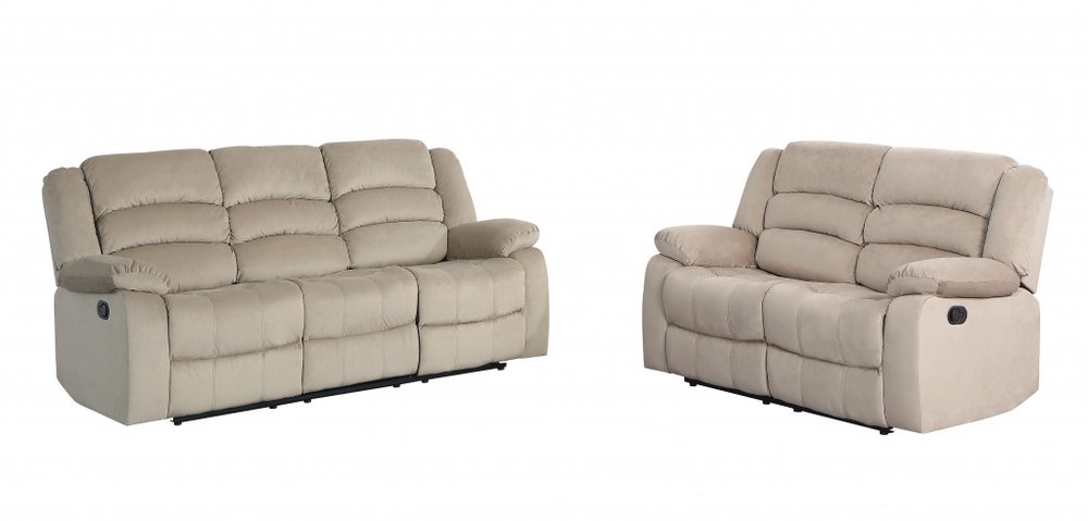 Indoor beige microsuede two-piece seating set by HomeRoots, includes five-person sofa and matching armchair on a neutral background.