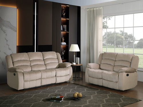 HomeRoots two-piece indoor beige microsuede seating set with five plush cushions, perfect for living room relaxation.