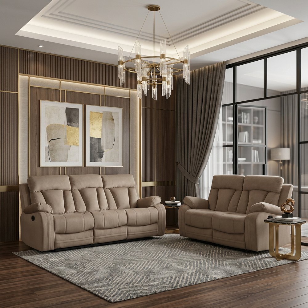 HomeRoots beige microsuede two-piece indoor seating set with five seats, featuring plush cushions and modern design.