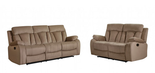 Indoor beige microsuede five-person seating set by HomeRoots featuring two plush sofas and a matching armchair.