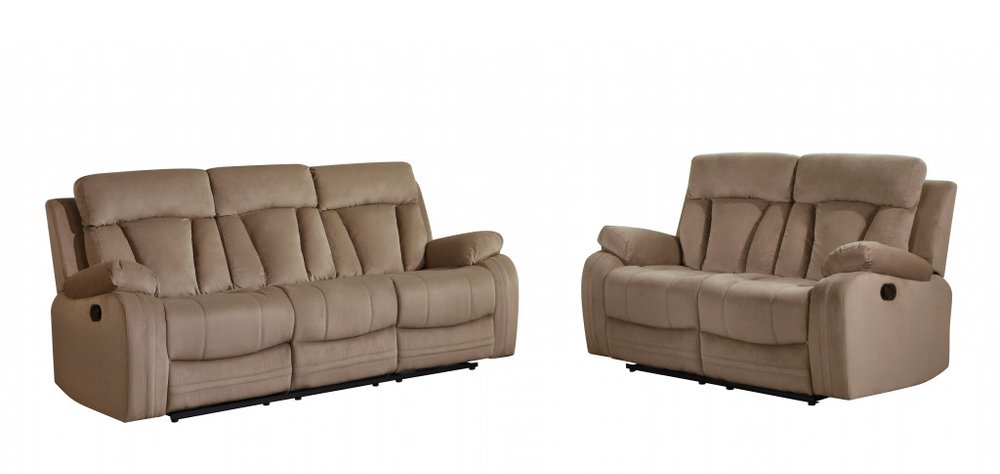 HomeRoots two-piece beige microsuede indoor seating set with five seats, featuring plush cushions and modern design.