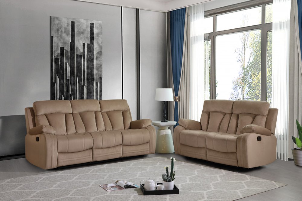 Beige microsuede two-piece indoor seating set by HomeRoots with five plush cushions for living room comfort.