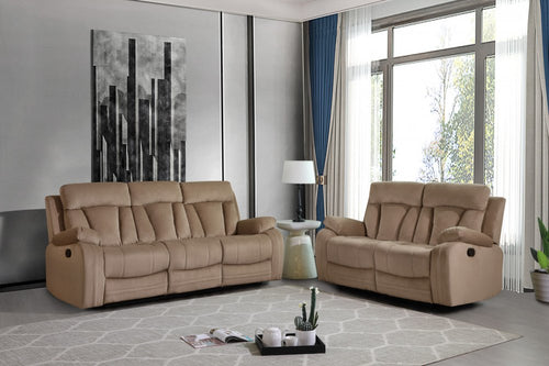 Indoor beige microsuede two-piece five-person seating set by HomeRoots with cushioned seats and modern design.