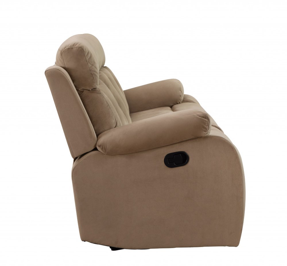 HomeRoots five-person indoor beige microsuede seating set with two pieces, featuring plush cushions and modern design.