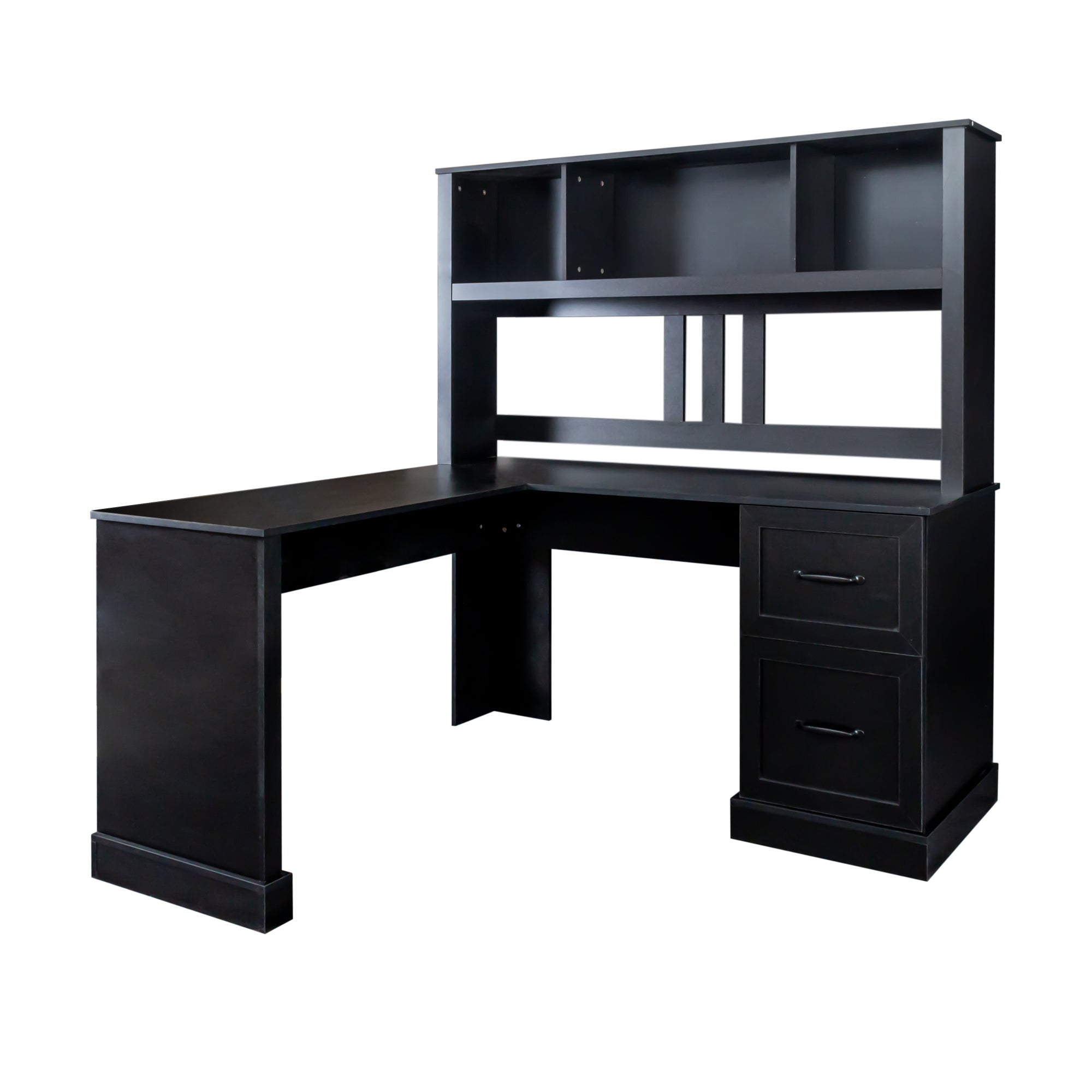 Antiqued black home office computer desk with hutch from Anthony & Home Studio Collection, featuring a spacious workspace and storage.