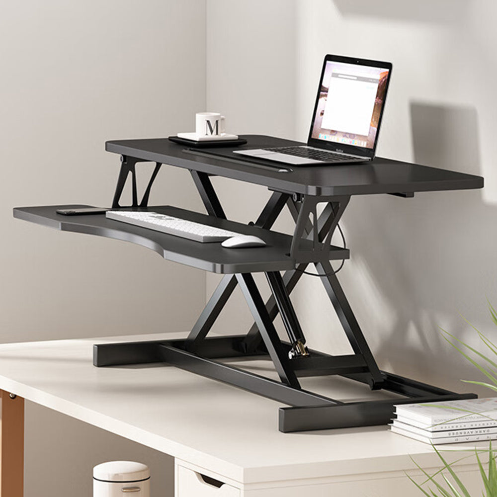 Anthony & Home 32-inch aluminum desk converter with dual monitor tray, adjustable height, and stable workspace for ergonomic setup.