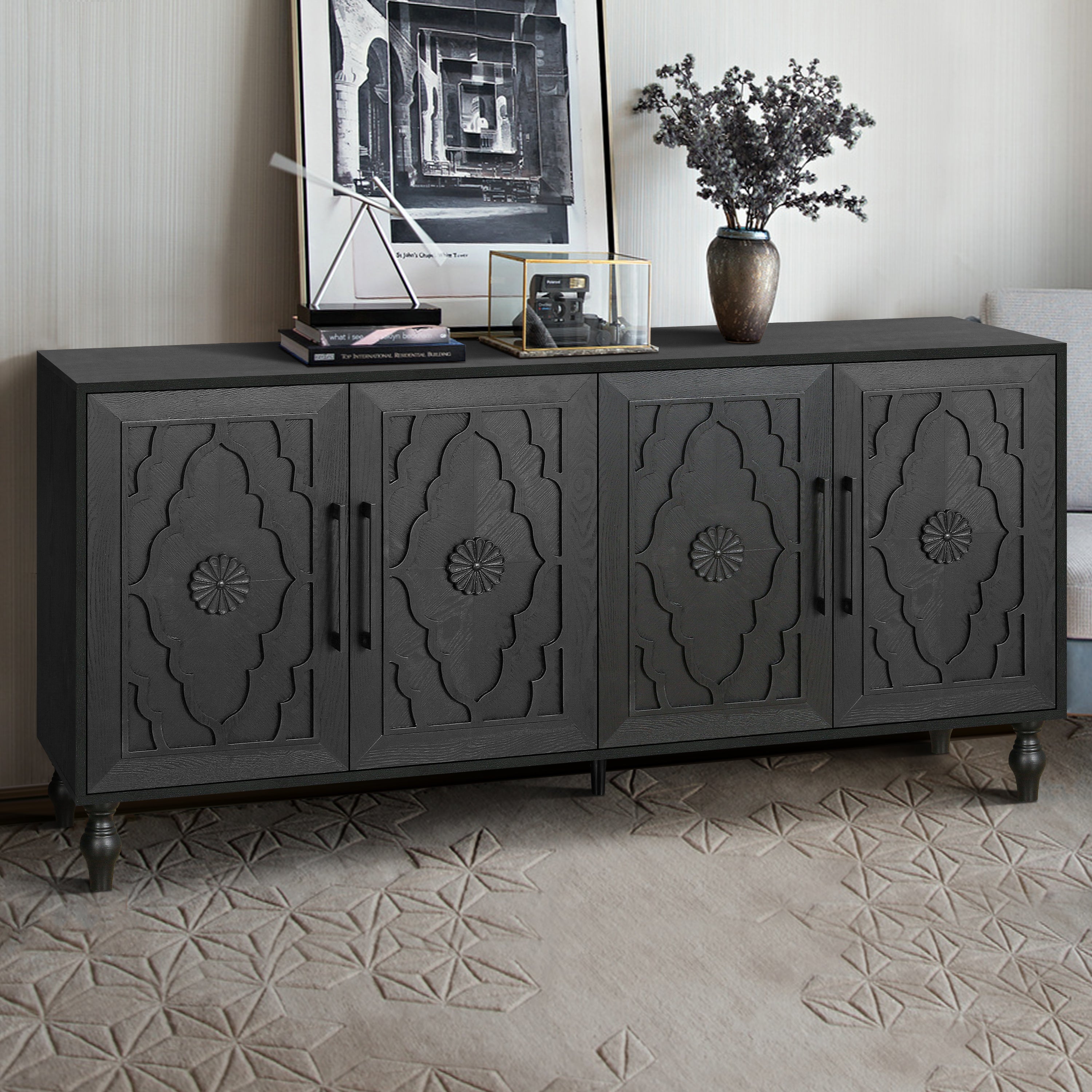 Black carved flower door storage cabinet with metal handle, ideal for living room, kitchen, or entryway by Anthony & Home.