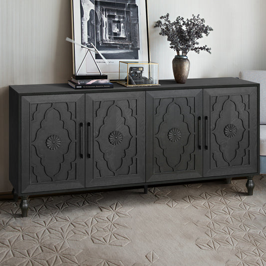 Black carved flower Anthony & Home studio storage cabinet with intricate floral detailing and multiple storage compartments.