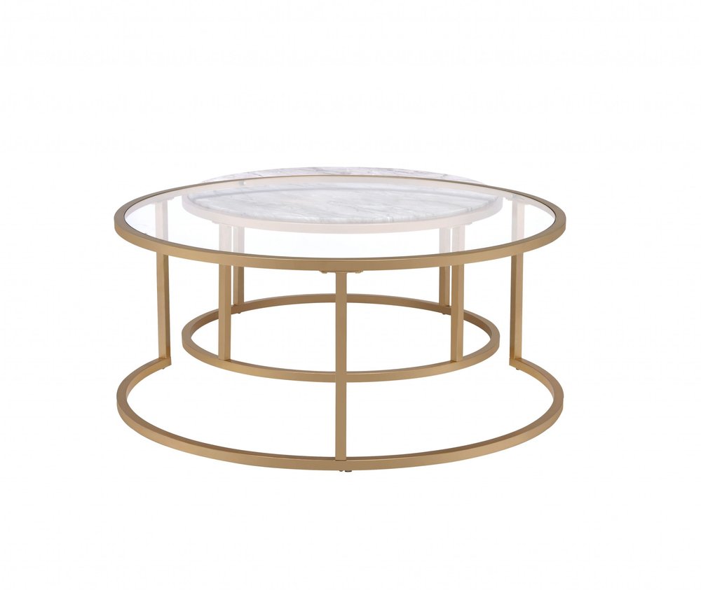 Set of Two Clear White and Gold Glass And Faux Marble And Iron Round Frame Nested Coffee Tables