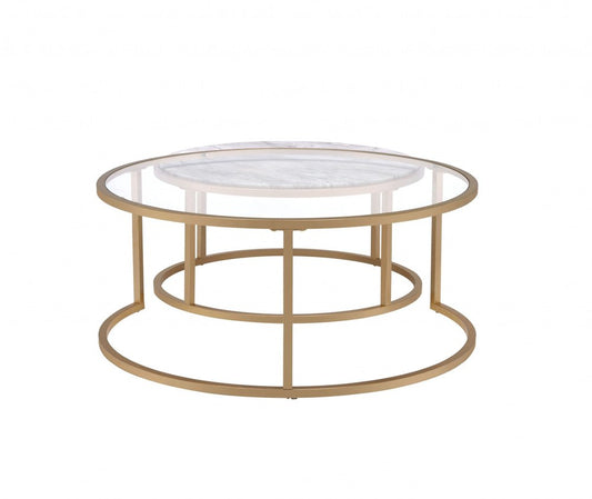 Set of Two Clear White and Gold Glass And Faux Marble And Iron Round Frame Nested Coffee Tables