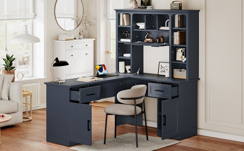 L-shaped Anthony & Home Atelier collection desk with power outlet, 2 cabinets, 2 drawers, 11 shelves, and right flip shelf.