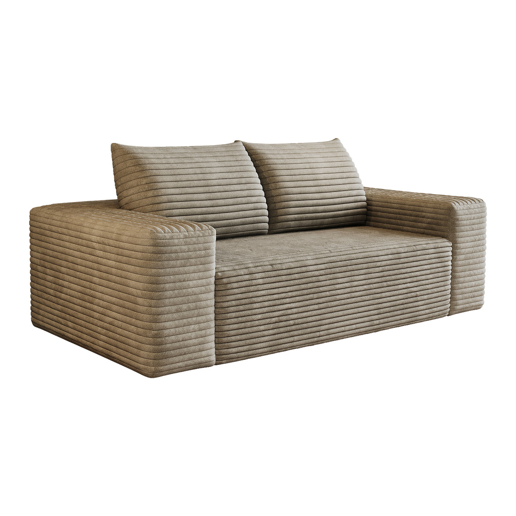 Anthony & Home Signature Corduroy Camel Two-Seater Sofa with plush cushions and stylish design, perfect for modern living rooms.