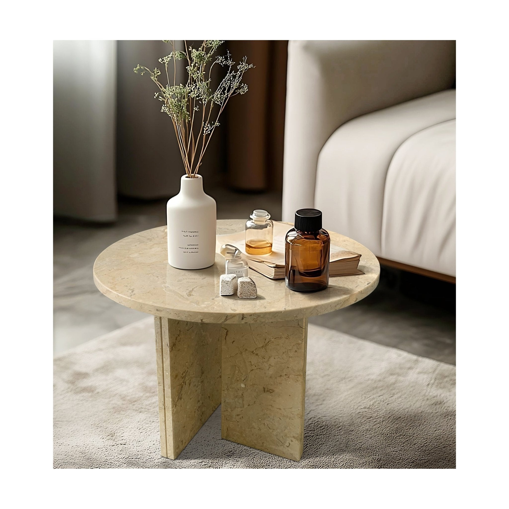 Anthony & Home beige marble round coffee table with gold finish, featuring a sleek, luxurious design for modern living spaces.