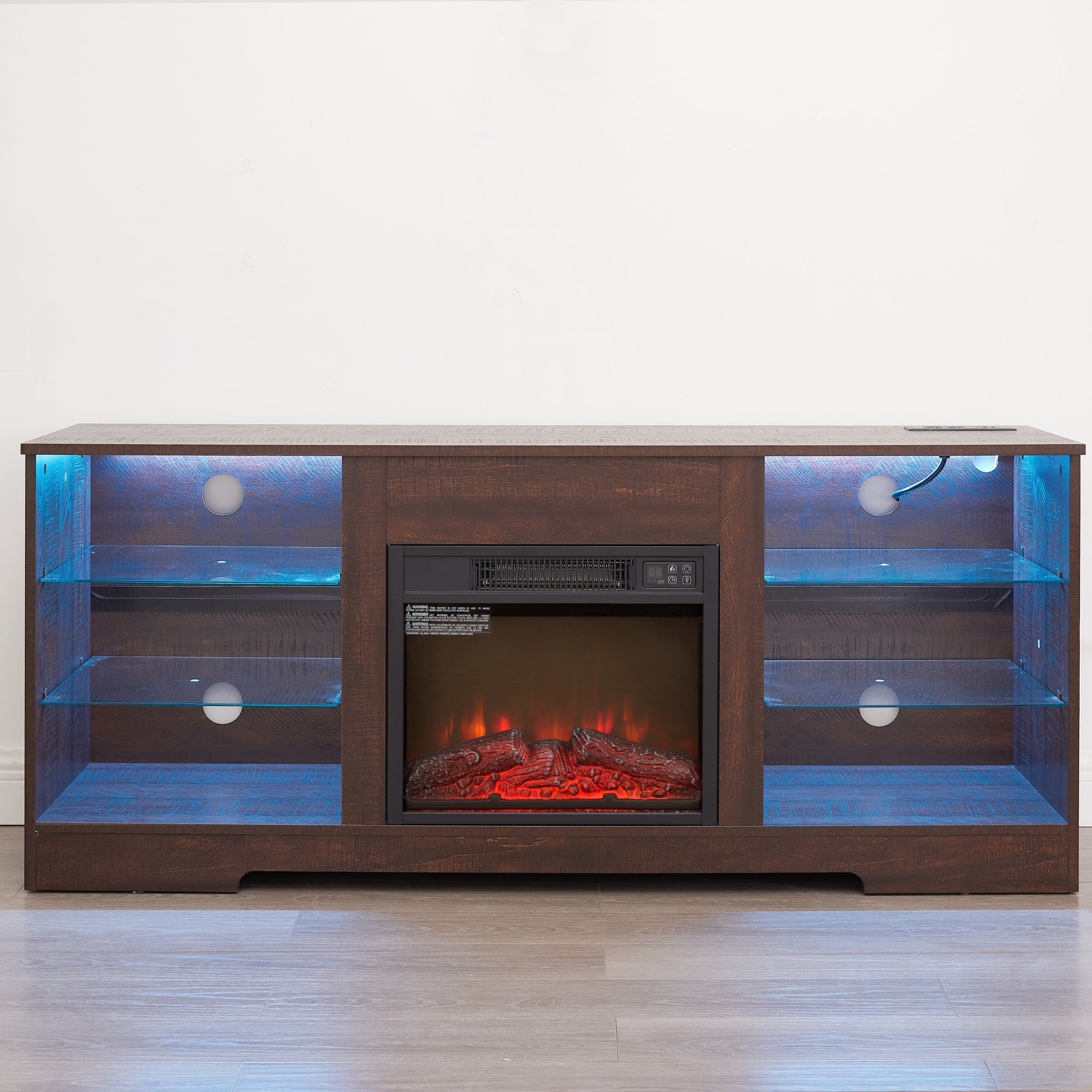Anthony & Home electric fireplace TV stand with glass shelves, LED lighting, USB outlet, in the Studio Collection.