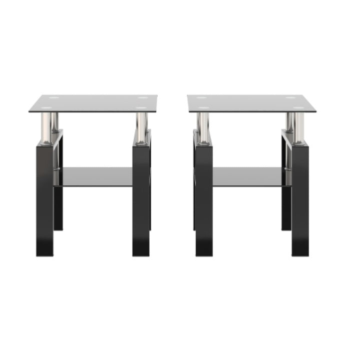 Set of 2 Modern Tempered Glass Tea Coffee End Tables Black