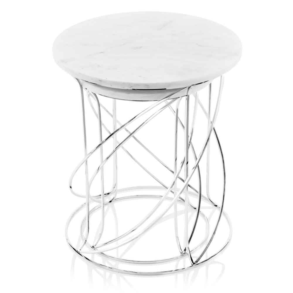 Set of Two White and Silver Marble and Metal Round Pedestal End Tables