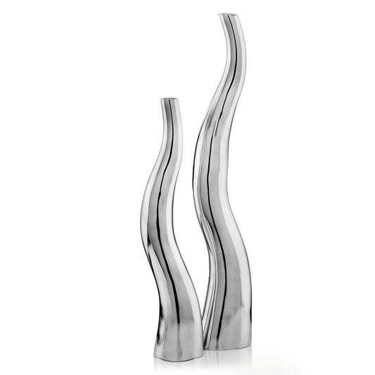 Set of Two Silver Aluminum Squiggly Vases