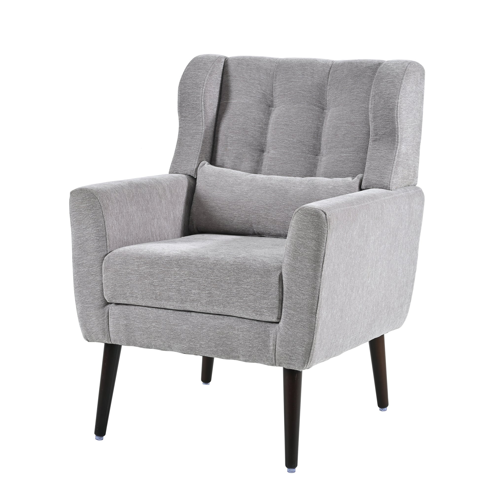 Gray chenille accent chair with solid wood legs, stylish and comfortable for studio living spaces by Anthony & Home.
