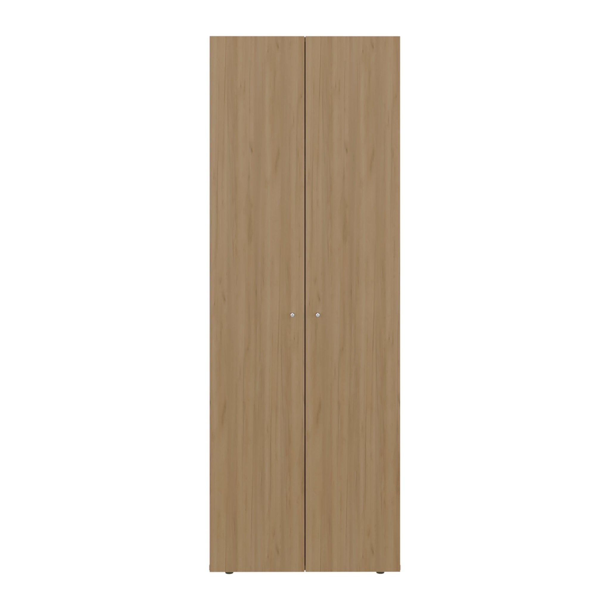 Natural oak freestanding closet system with four shelves from Anthony & Home's limited edition wardrobe collection.