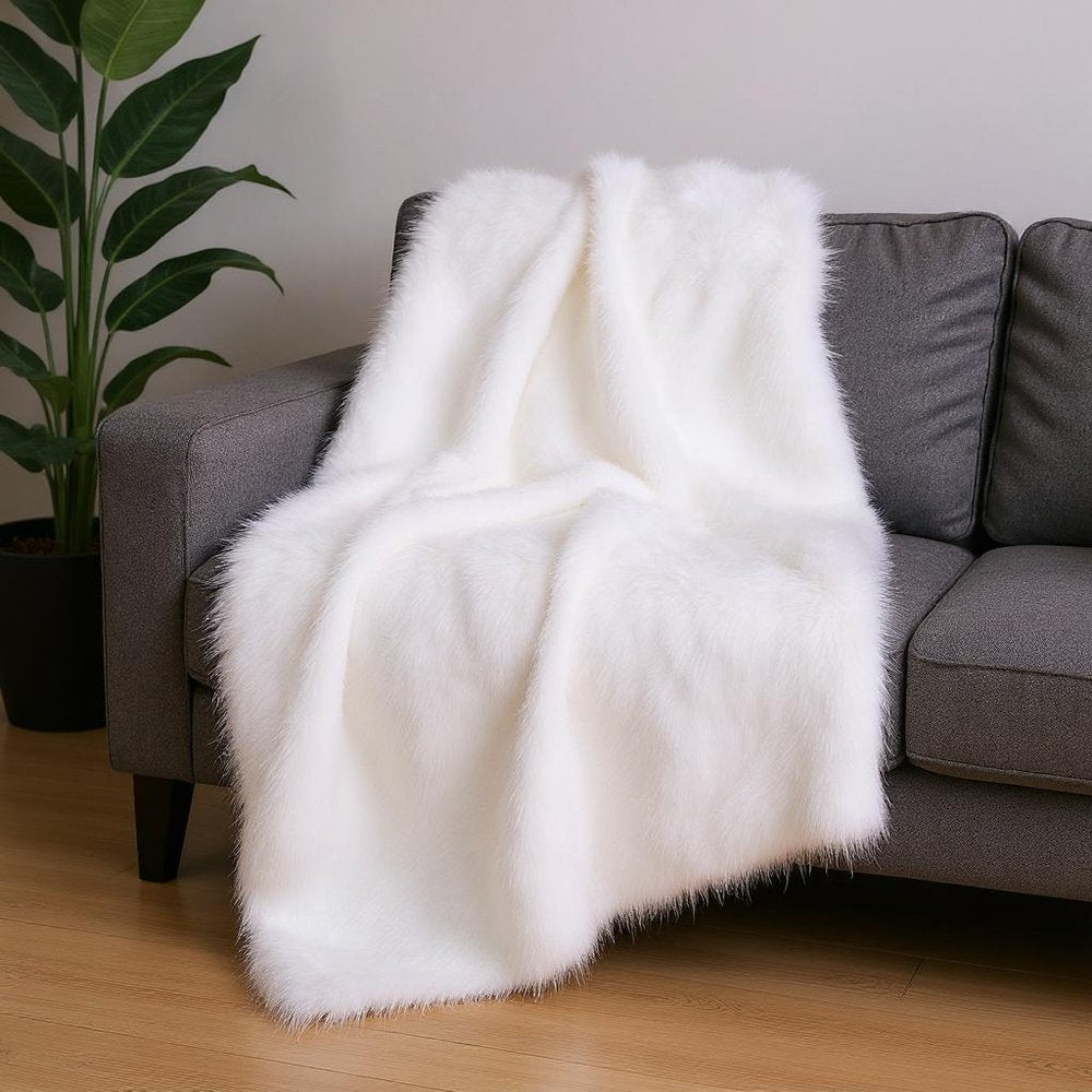 White Knitted Rabbit Solid Color Plush Reversable Throw