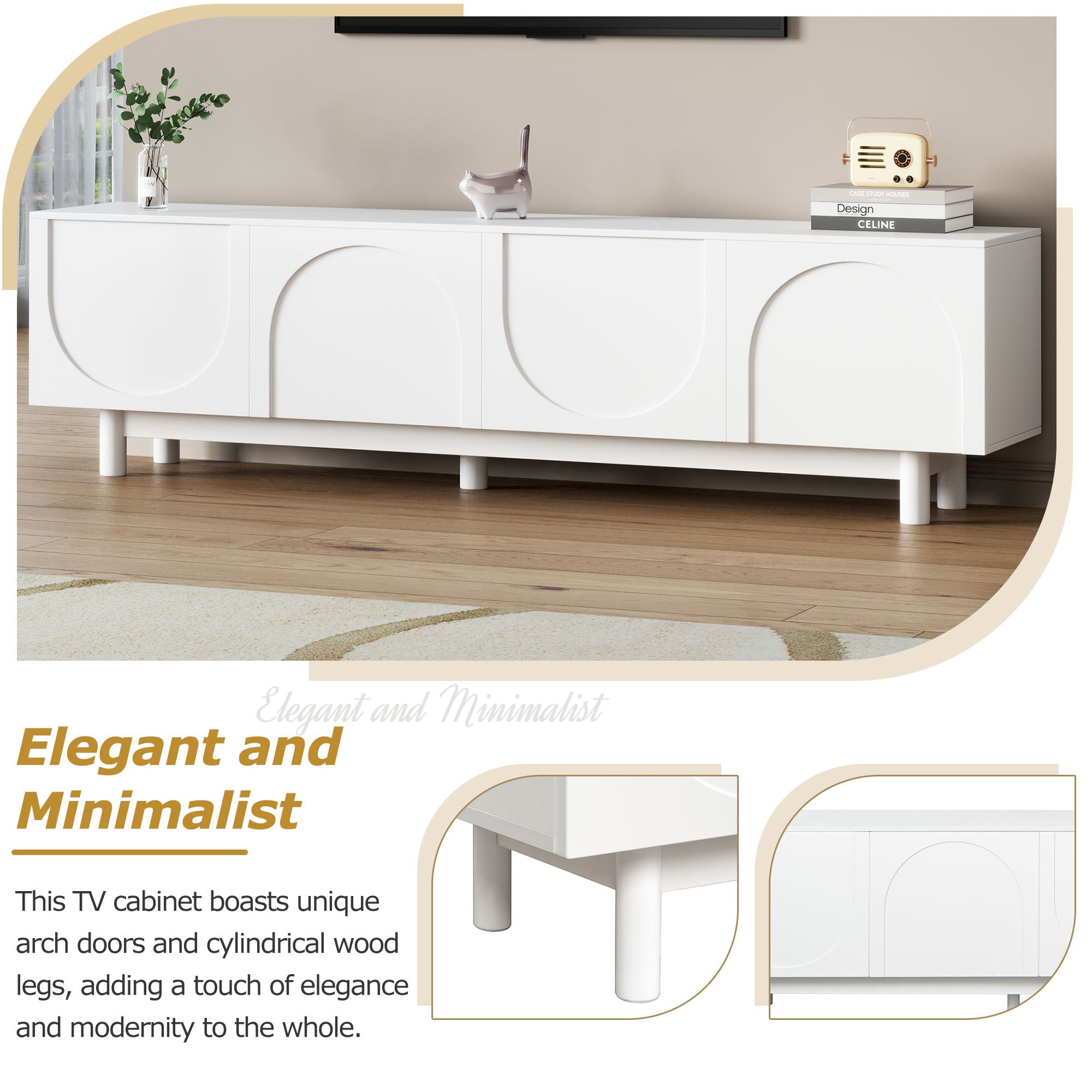 Anthony & Home Studio Graceful TV stand with arch cabinets and solid wood legs, showcasing stylish storage and modern design.