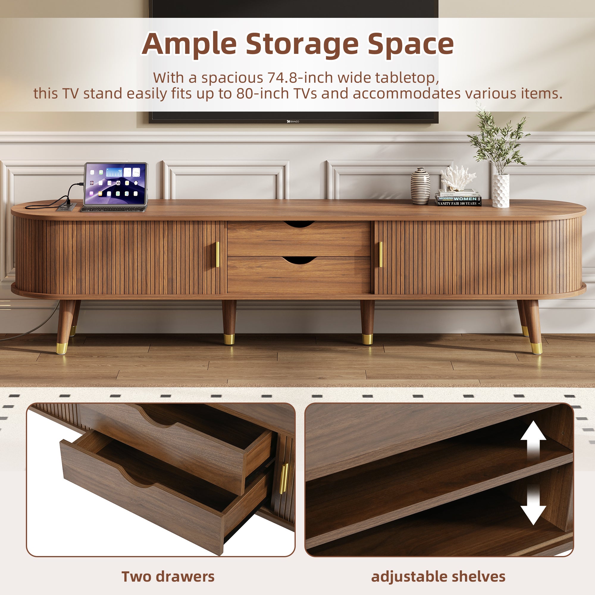 Walnut mid-century TV stand from Anthony & Home with sleek wooden design and storage compartments, ideal for modern living rooms.