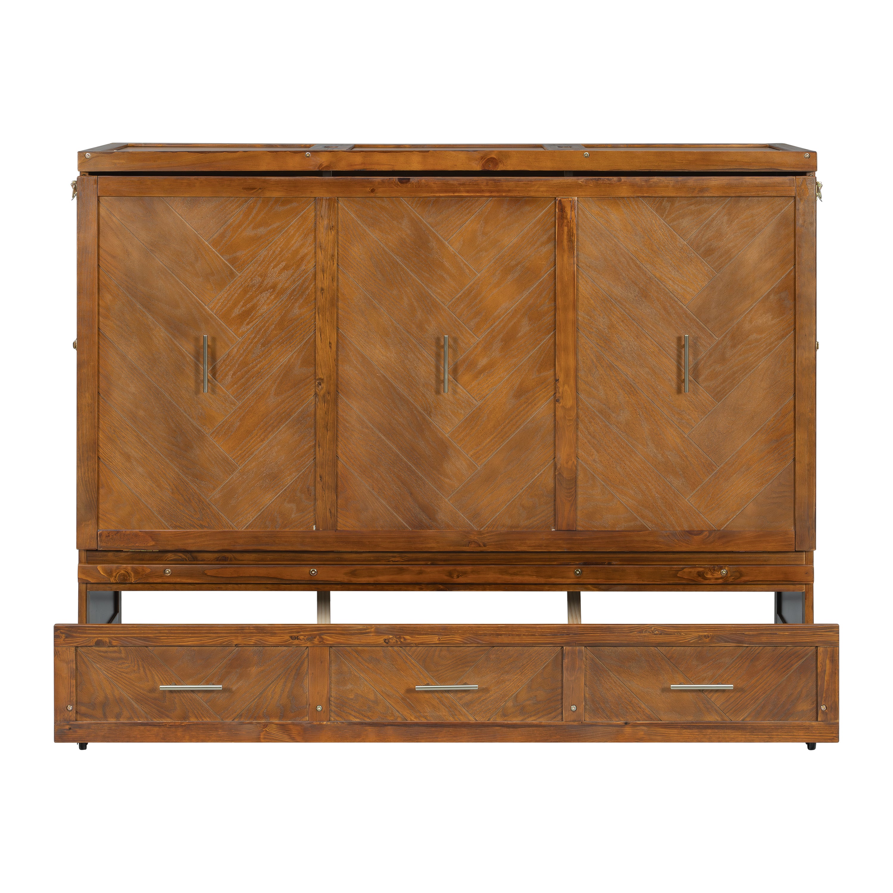 Queen size walnut Murphy bed cabinet with geometric panel, USB charging, from Anthony & Home Studio Collection, showcasing the bed in a room.