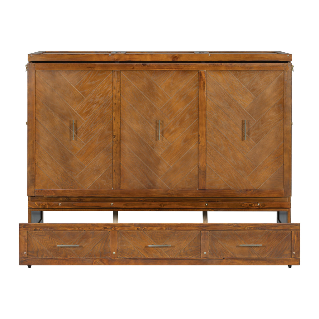 Queen size walnut Murphy bed cabinet with geometric panel, USB charging, from Anthony & Home Studio Collection, showcasing the bed in a room.