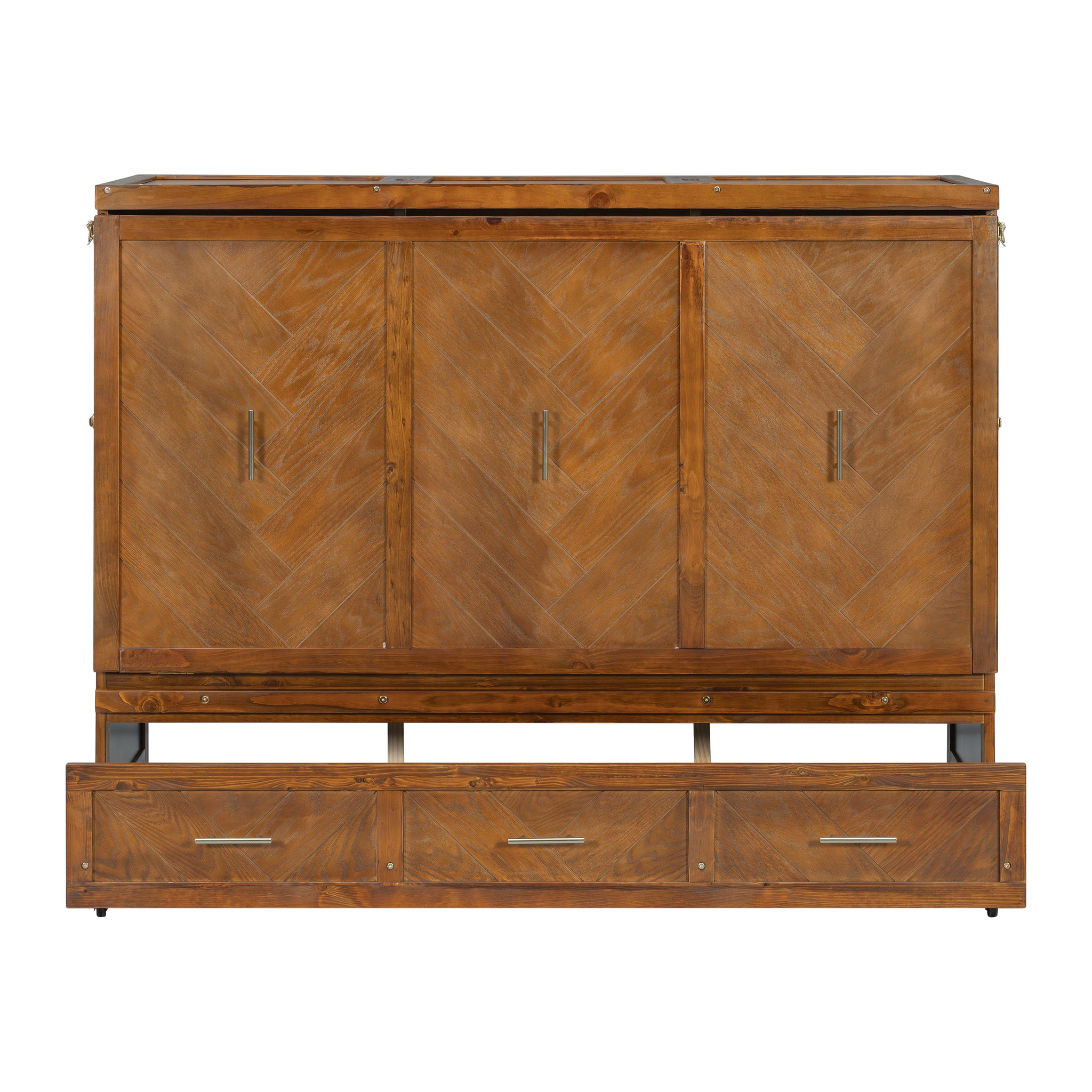Queen size walnut Murphy bed cabinet with geometric panel, USB charging, from Anthony & Home Studio Collection, showcasing the bed in a room.