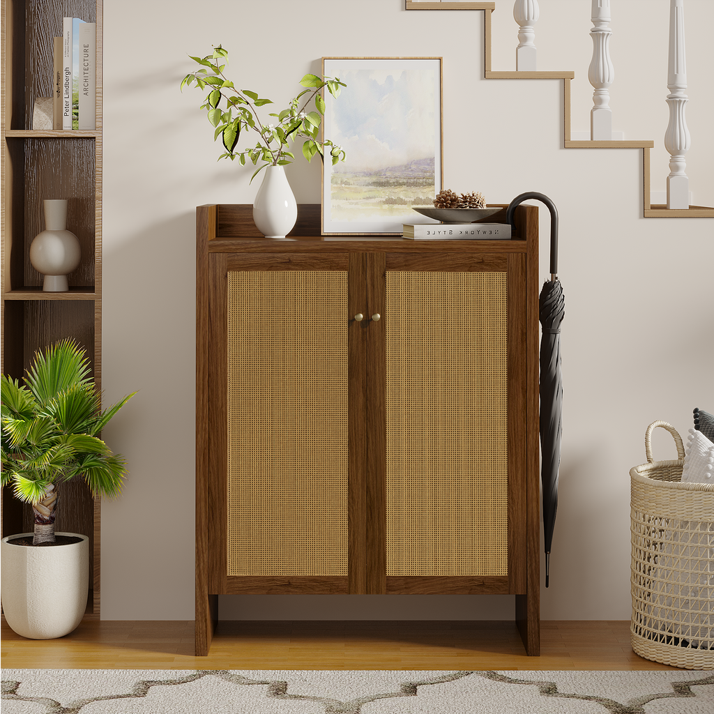 Walnut finish 6-tier Anthony & Home shoe cabinet with freestanding design, ideal for entryway organization and storage.
