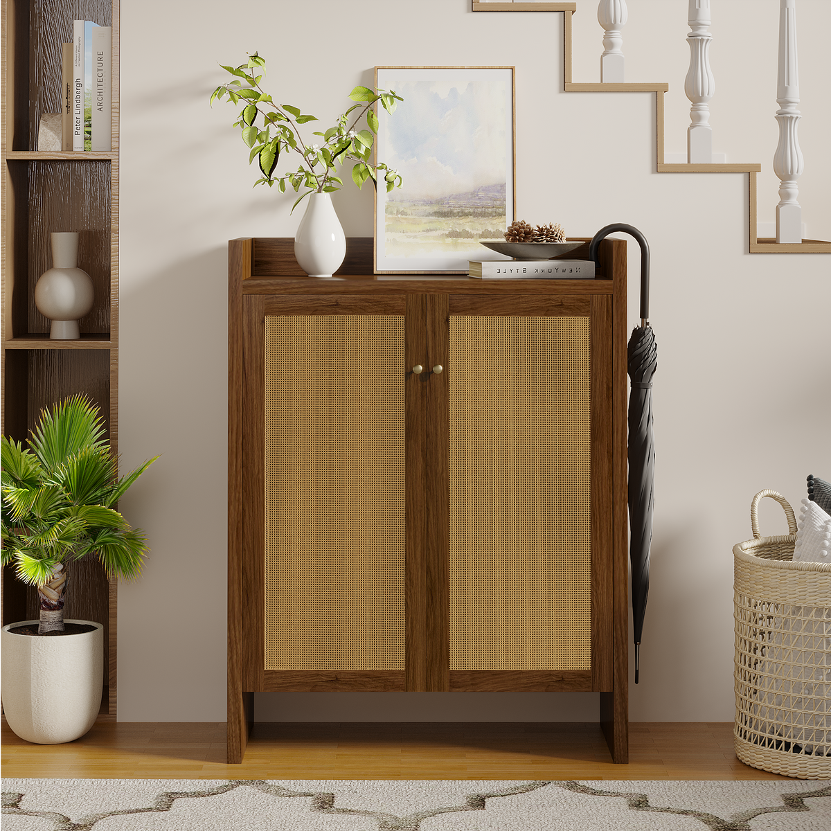 Walnut finish 6-tier Anthony & Home shoe cabinet with freestanding design, ideal for entryway organization and storage.