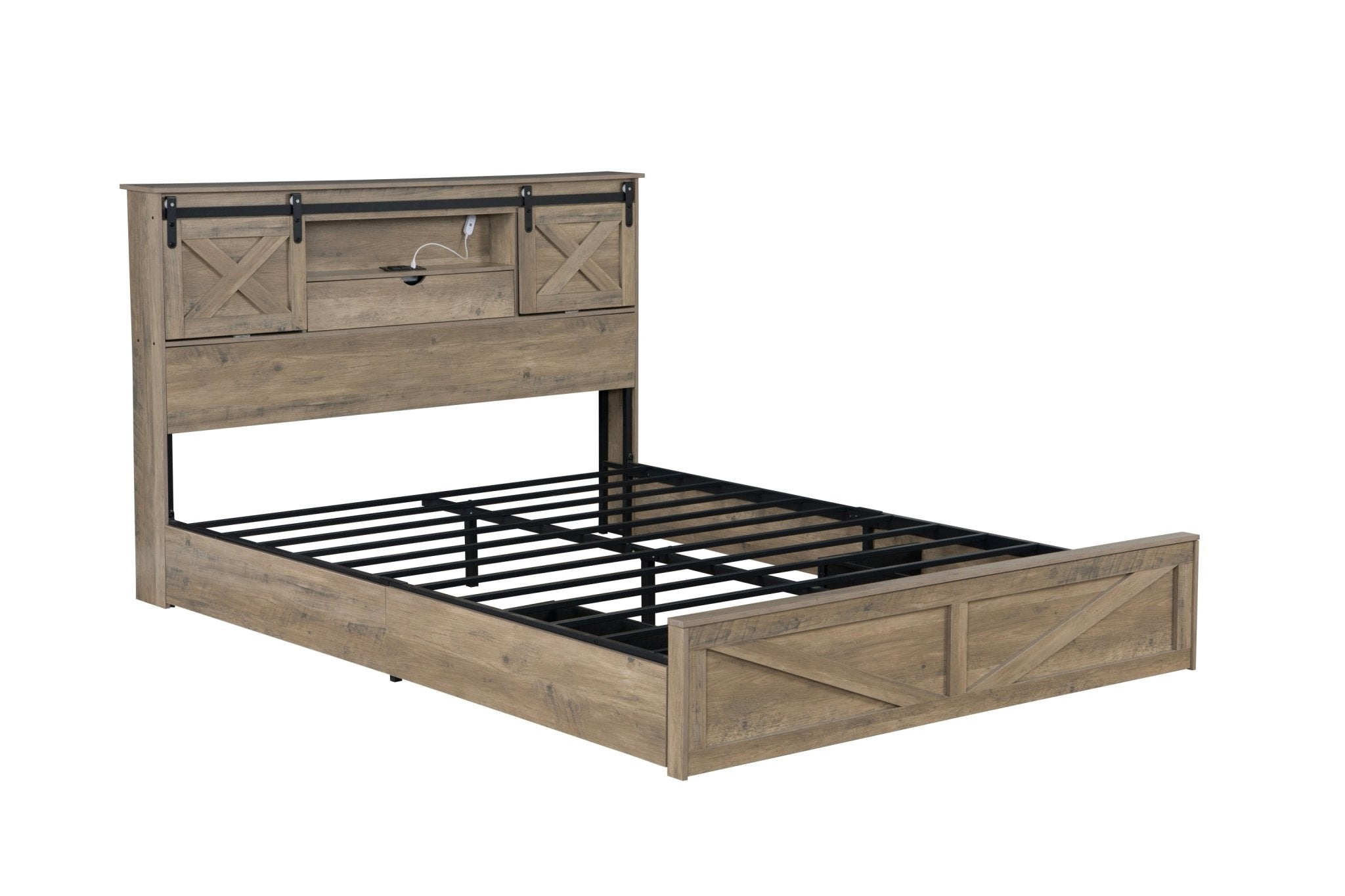 Anthony & Home farmhouse queen bed frame in grey with rustic wood finish, LED lighting, charging station, and storage drawers.