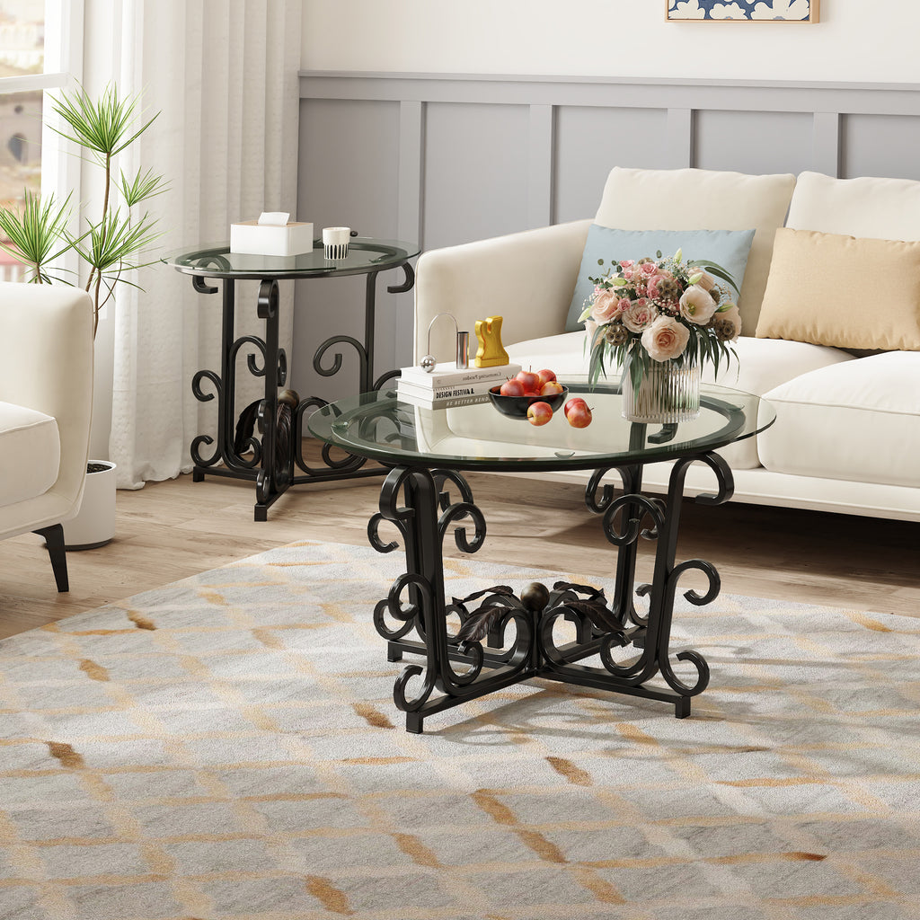 Anthony & Home Atelier three-piece coffee table set with 31.5-inch round tempered glass tops and black metal frames