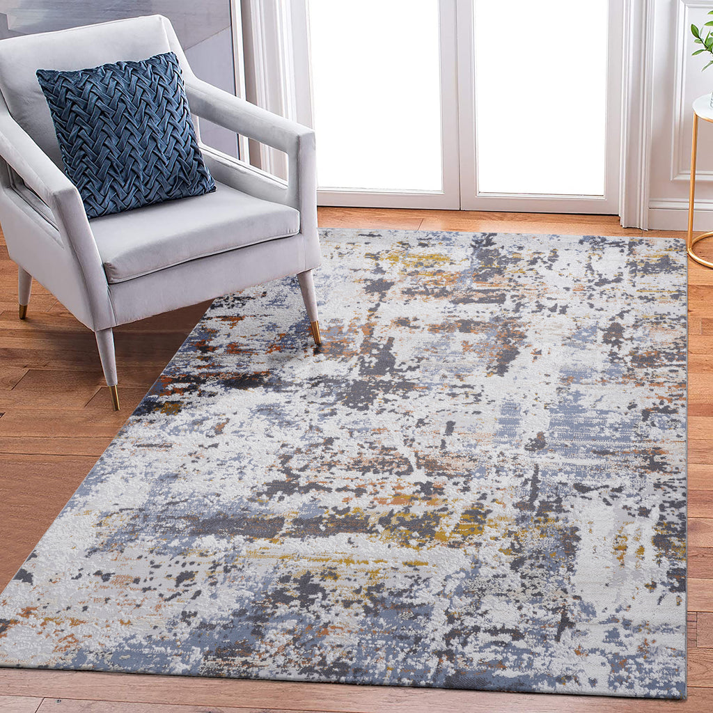Loom And Luxe Collection 5x7 Ivory Navy Abstract NonShedding Polyester Area Rug Limited Edition