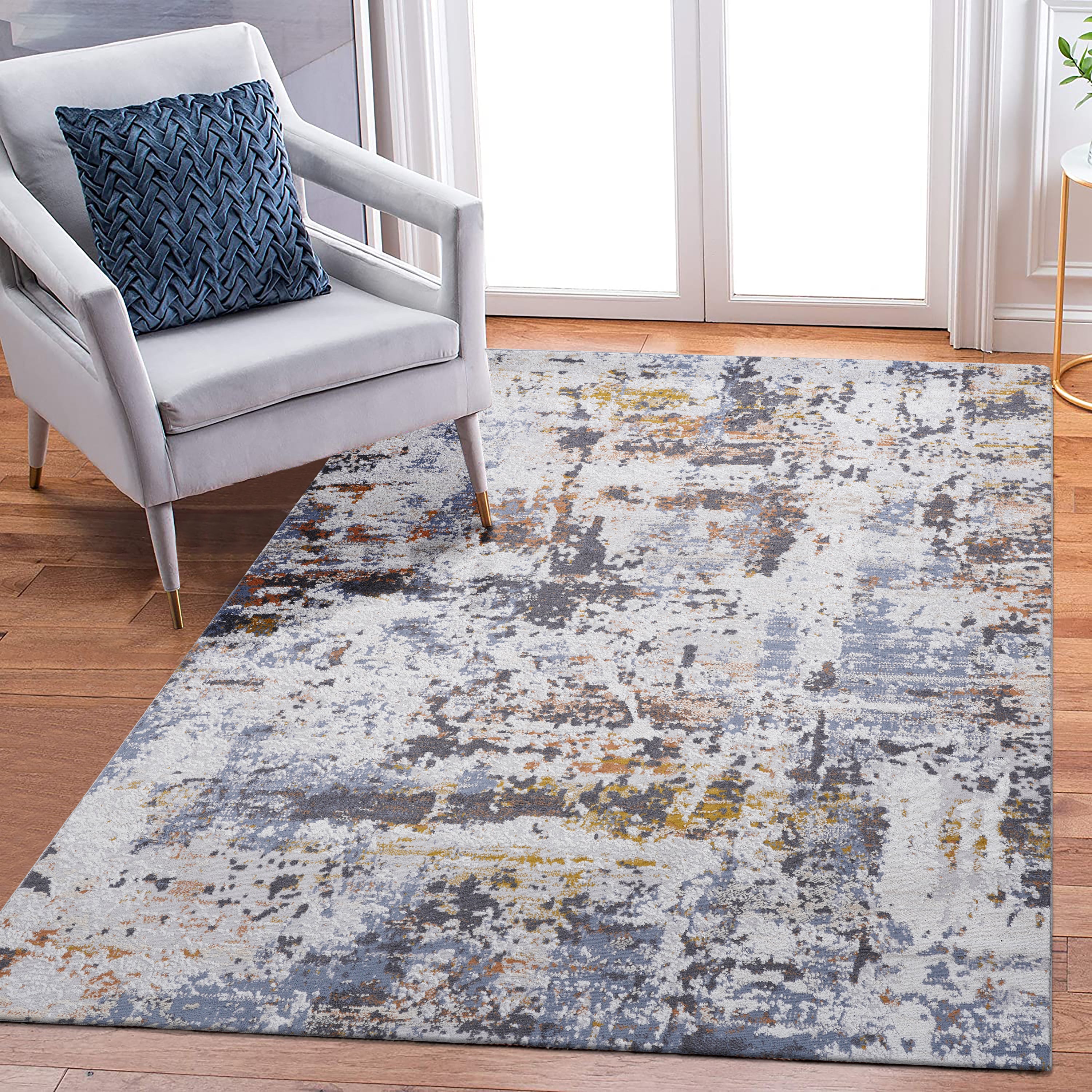 Loom And Luxe Collection 5x7 Ivory Navy Abstract NonShedding Polyester Area Rug Limited Edition