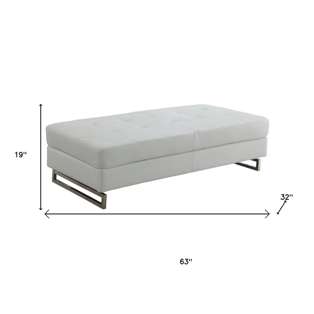63" White and Silver Faux Leather Ottoman