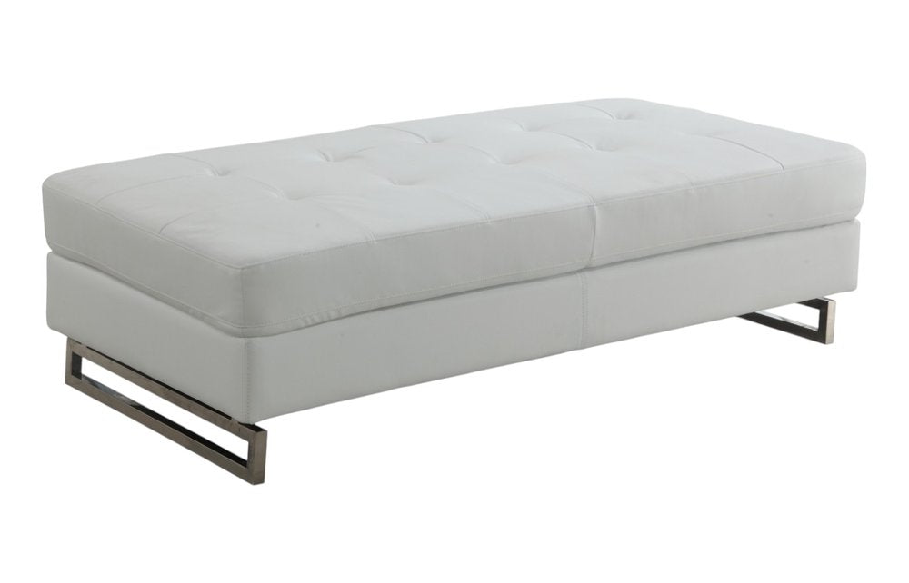 63" White and Silver Faux Leather Ottoman