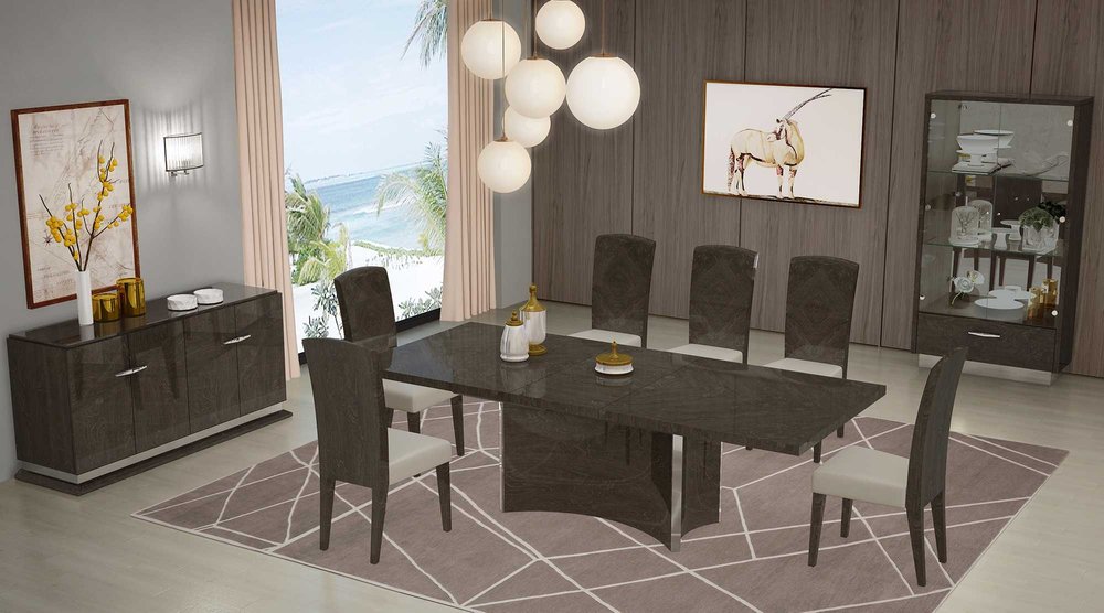 Seven-piece gray solid wood dining set featuring a table and six matching chairs by HomeRoots.