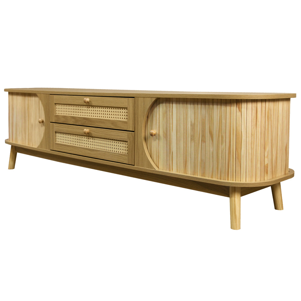 Anthony & Home rattan television console studio with open shelves and woven rattan design for modern living room decor.