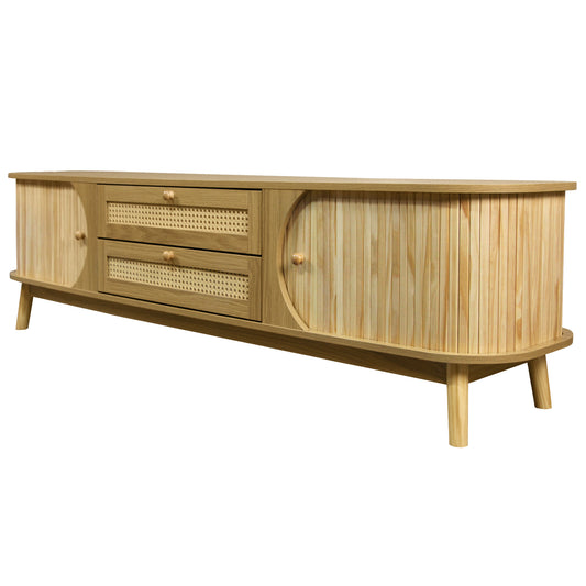 Anthony & Home rattan television console studio with open shelves and woven rattan design for modern living room decor.