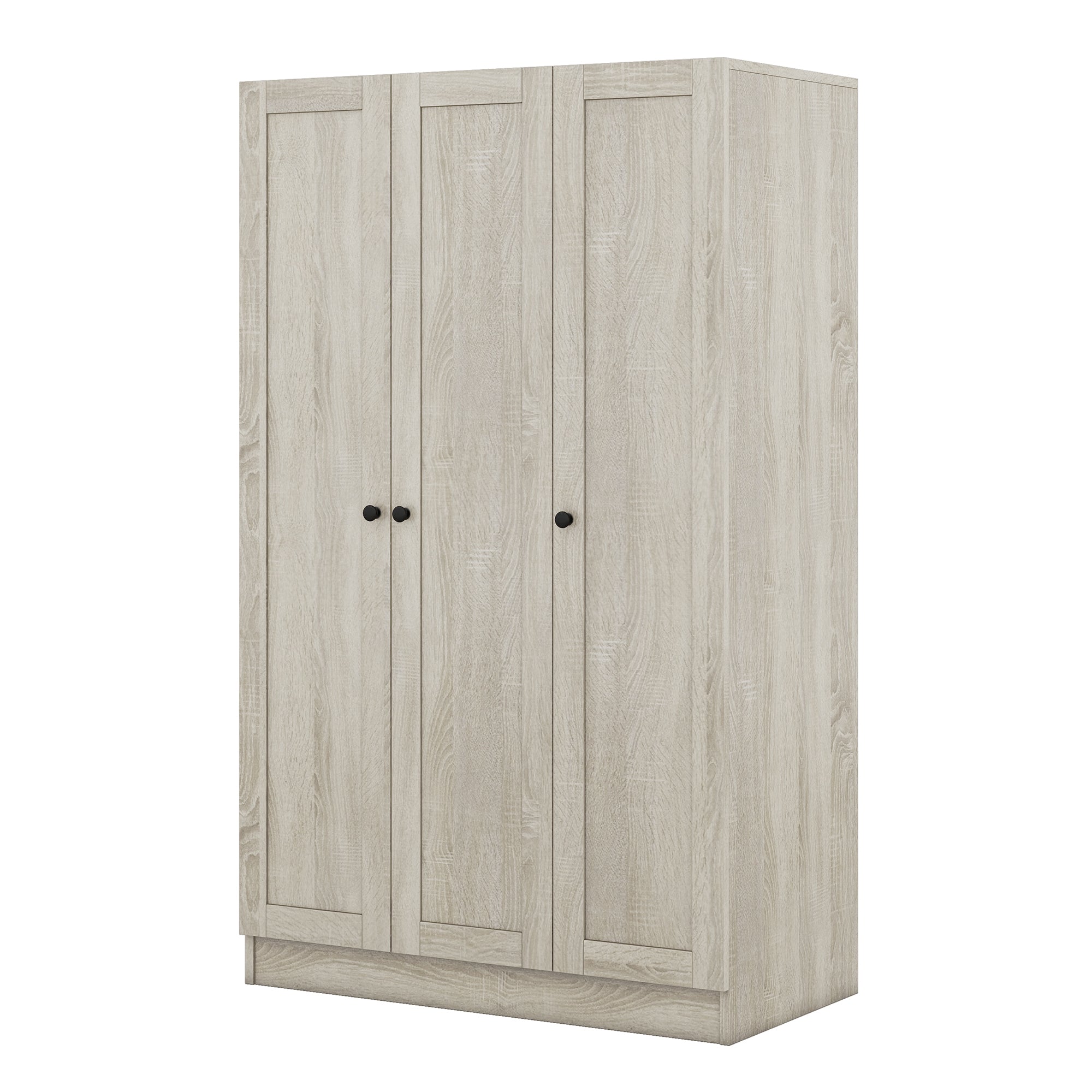 Gray three-door wardrobe from the Shutter Collection by Anthony & Home, showcasing sleek design and spacious interior storage.