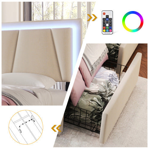 Wooden Storage Bed Frame 90x200cm Beige With Drawers